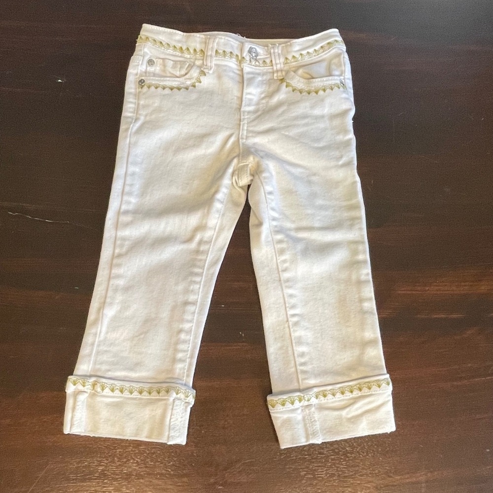 Matilda Jane Girls White Embroidered Cuffed Denim Jeans Size 4 Olive Green Trim